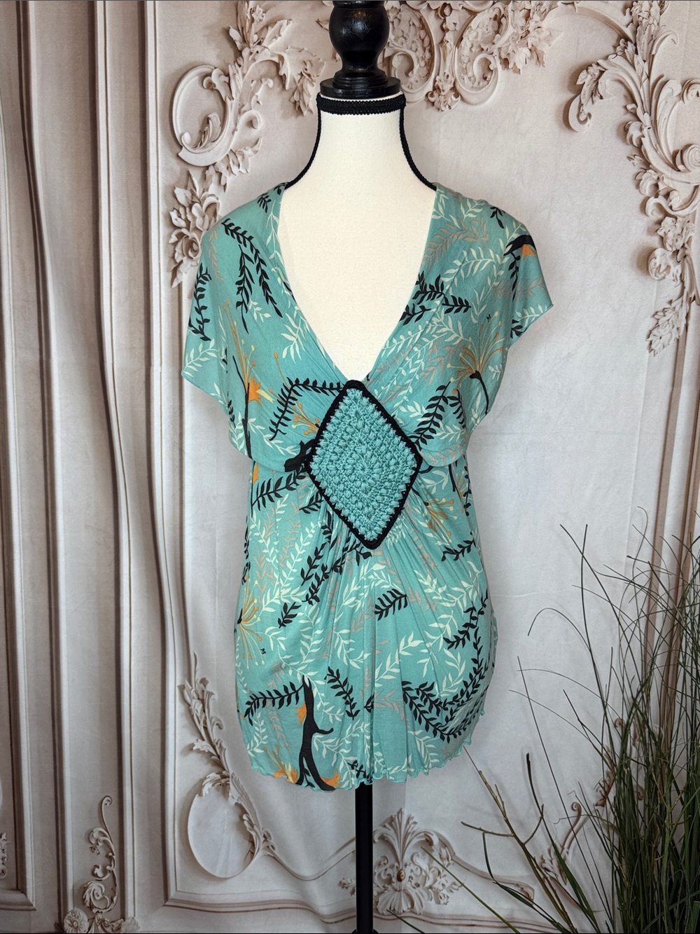 M by Missoni Teal Floral V-Neck with Black Crochet Panel